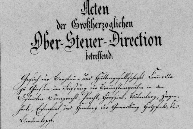 Gesuch der Bergbau- und Hüttengesellschaft Concordia
zu Gießen um Fristung der Braunsteingruben in den
Districten Dornpracht, Pracht, Hörspiel, Bubenberg, Ziegen-
hecke, Eichenteil und Homberg der Gemarkung Hatzfeld, Kre
Biedenkopf
