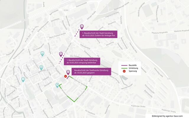 Übersicht über die Bauarbeiten im März. Der Wilhelm-Lorenz-Weg ist in
einem Teilabschnitt voll gesperrt (violett). Eine Umleitung (grün) ist ausgeschildert.
 | Foto: Plan: Agentur Baur