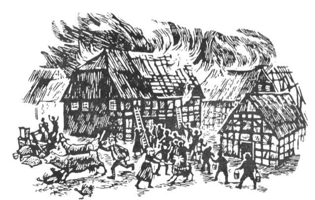 Anhand dieser Zeichnung lässt sich gut ersehen, dass all die Aufgaben Retten, Löschen, Bergen und Schützen früher auf die Dorfgemeinschaft entfallen sind. Das Vieh wurde aus den Ställen getrieben, während sich das ganze Dorf eher hilflos mit Eimerketten dem Feuer entgegenstellte. Entnommen aus: 100 Jahre Freiwillige Feuerwehr Immensen, Lehrte 1994, S. 27