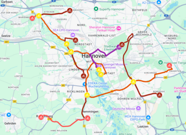 Geplante "zentrale" Abfahrtspunkte der ADFC-Sternfahrt am Sonntag, 18. Mai 2025. Die interaktive Karte ist im Beitrag verlinkt und enthält u.a. auch die geplanten Abfahrtszeiten: Einfach die jeweiligen Punkte anklicken. | Foto: ADFC Region Hannover e.V.
