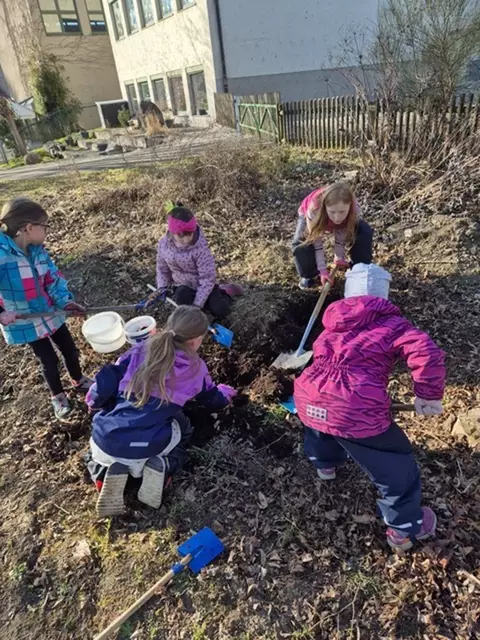 Emsiges Arbeiten im Schulgarten | Foto: Julia Bronner