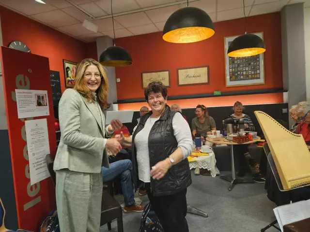 Elisabeth Gaigl (li.), Rektorin der Grundschule Süd nimmt die Spende von 300€ von Christine Girstenbrei (re.) in Empfang.