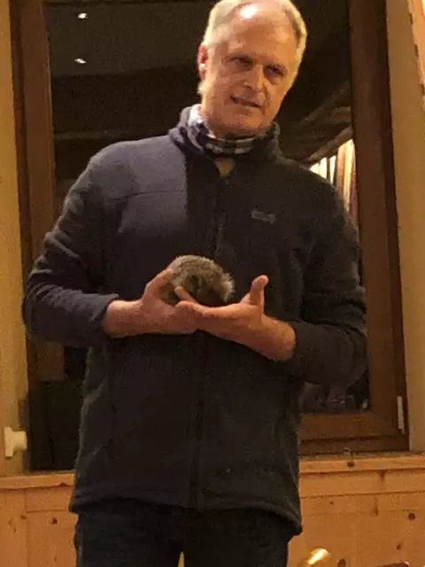 Foto: Igelexperte Thomas Schwaiger mit einem seiner stacheligen Freunde während seines Vortrags bei den Ellgauer Gartenfreunden. 