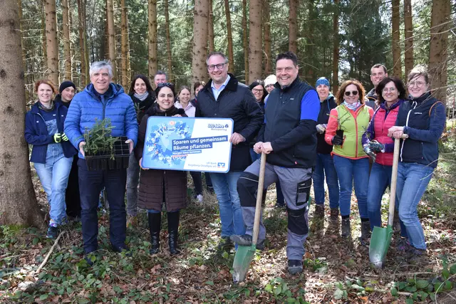 
450 neue Weißtannen im bankeigenen Wald der VR Bank Augsburg-Ostallgäu bei Buchloe. Im Vordergrund (v.l.n.r.): Robert Pöschl (1. Bürgermeister der Stadt Buchloe), Daniela Mert (Regionalleiterin VR Bank), Moritz Stigler (Vorstandsmitglied VR Bank), Thomas Erhardt (Bereichsleiter Privatkunden VR Bank), umrahmt vom Team der VR Bank-Geschäftsstelle Buchloe. 
