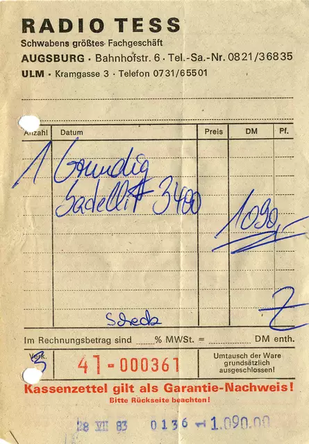 Diese Rechnung aus demJahre 1983 des Radio- und Fachgeschäftes TESS über einen Grundig Satelit 3400 aus Augsburg war auch gleichzeitig der Garantie-Nachweis.