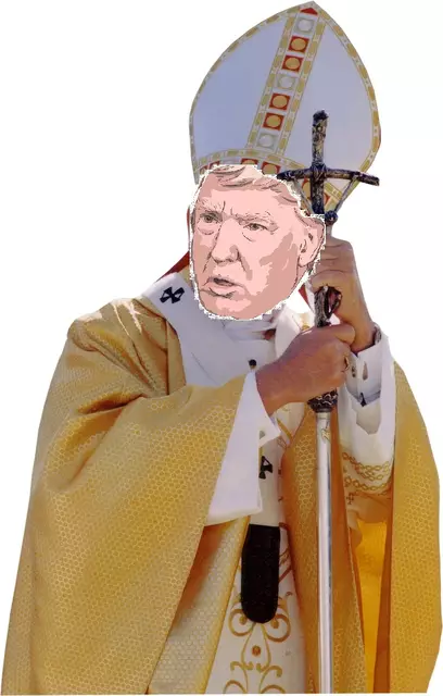 Sollte schnell gehen! Von daher nicht schön, aber selten! Aus Bildern von Owantana ( Trump-Clipart ) und jerycho1960 ( Papstbild ), beide Fotografen auf Pixabay, zusammengesetzt.