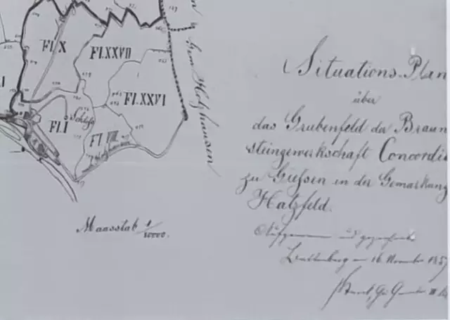 Der Situations Plan über das Grubenfeld der Braunsteingewerkschaft Concordia zu Gießen in der Gemarkung Hatzfeld von 1859 zeigt den Tätigkeitsbereich am Burgberg.
