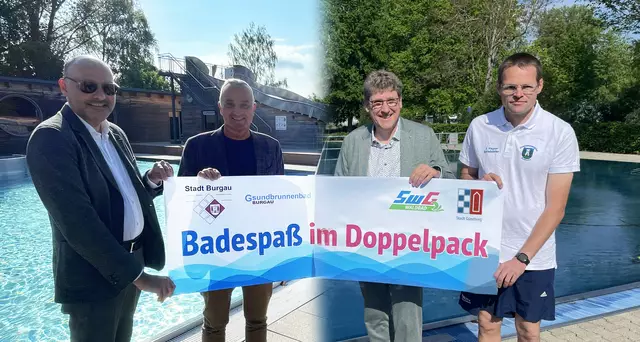 Das Bild zeigt (von links): Stadtwerke-Günzburg-Vorstand Lothar Böck, Günzburgs Oberbürgermeister Gerhard Jauernig, Burgaus Bürgermeister Martin Brenner und Burgaus Freibadchef Sebastian Wagner präsentieren stolz das Kombiticket für die beiden Freibäder im nördlichen Landkreis. | Foto: Michael Lindner/Stadt Günzburg