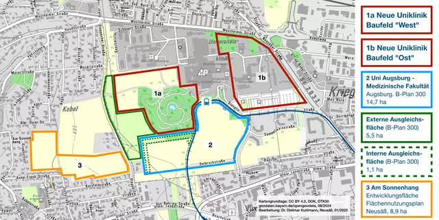 Karte mit den möglichen Standorten für den Neubau der Uniklinik (West 1a und Ost 1b) | Foto: Kartengrundlage: CC BY 4.0, DOK, DTK50 geodaten.bayern.de/opengeodata, 08/2024, Bearbeitung: Dr. Dietmar Kuhlmann, Neusäß, 01/2025