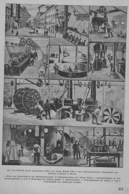 Wilhelm Busch besuchte 1886 die Firma Siemens &amp; Halske in Berlin. Er zeichnete danach dieses Blatt wo verschiedene Produktionsbereiche zu sehen sind.
Abbildung aus der Ausgabe zur 50 Jubiläumstagung des Deutschen Elektrohandwerks am 15. Juli 1952.  | Foto: Otto Killensberger