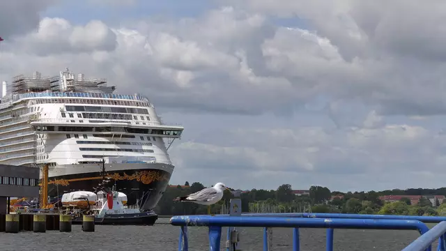 An der Hafenspitze gibt es den Ausblick auf den Kreuzliner „Disney Adventure“, der am Ausrüstungskai der Werft liegt. Zu sehen ist der Bug des 342 Meter langen und über 70 Meter hohen Ozeanriesen. Foto: Helmut Kuzina 