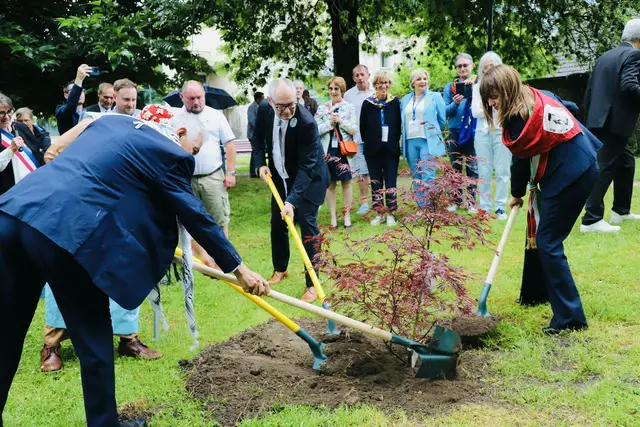 Die Bürgermeister der Partnerstädte packen gemeinsam an und pflanzen einen Baum. | Foto: Olivier Duflot