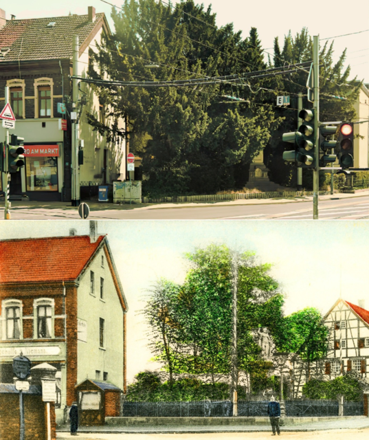 Abb. 1. Oben: Google Street View „190 B235“, Juli 2022: Blick von der Haltestelle „Langendreer Markt“ auf die Langendreer Hauptstraße mit dem Sockel der ehemaligen „Germania“-Statue. Unten: AK „Langendreer am Kriegerdenkmal“, Reinicke &amp; Rubin (1890): Das 1886 errichtete Denkmal wurde zum Wahrzeichen Langendreers und zentraler Punkt des Straßenbahnnetzes. | Foto: Bildrechte 70 Jahre nach dem Tod des Urhebers erloschen. Eigene Fotomontage.