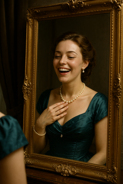 Ah! je ris de me voir,  Si belle en ce miroir!  Est-ce toi, Marguerite? 
Réponds-moi, réponds vite!  Non! non! - ce n'est plus toi!   Non! non! - ce n'est plus ton visage!  C'est la fille d'un roi,  Qu'on salue au passage! Ah, s'il était ici! ... S'il me voyait ainsi!  Comme une demoiselle, Il me trouverait belle.  Elle se pare du collier.  Achevons la métamorphose!  Il me tarde encor d'essayer
 Le bracelet et le collier!  Elle se pare du bracelet et se lève.  Dieu! c'est comme une main qui sur mon bras se pose!  Ah! je ris de me voir  Si belle en ce miroir! 

(Charles Gounod, Faust)
