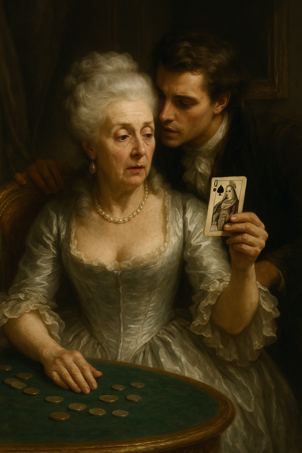 …Графиня много лет назад в Париже красавицей слыла,
Сладка была она, и не скрывала красоту свою —
Венерой Московской прозвана была!
Граф Сен‑Жермен, молодой и смелый, влюблён в неё был без ума;
Но тщетно он пламенел перед ней, и страдал.
Ночами напролёт сидела она у игорного стола…
Однажды в Версале, при «jeu de la reine»,
Всё проиграла до рубашки…
В пылу игры она шептала:
“О! Боже! Боже! Боже! Я могла бы всё отыграть,
Если бы позволили ещё раз
Три карты, три карты, три карты!”

(Pjotr Iljitsch Tschaikowski, Pique Dame)