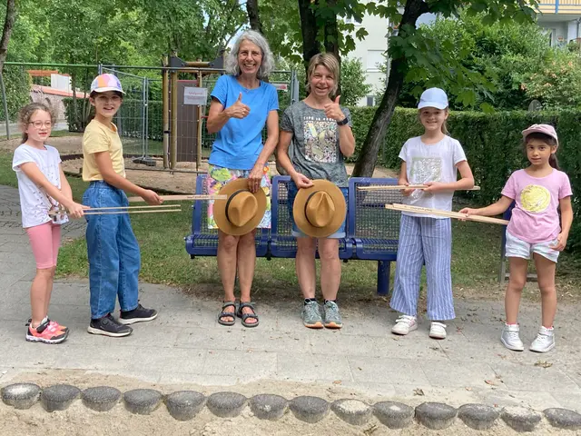 Ausgestattet mit Greifzangen sammelten Kinder der Mittagsbetreuung der Mozart-Grundschule mit den Betreuerinnen Sabine Harle und Barbara Zerle Müll an nahegelegenen Spielplätzen. | Foto: Stadt Gersthofen - Mittagsbetreuung