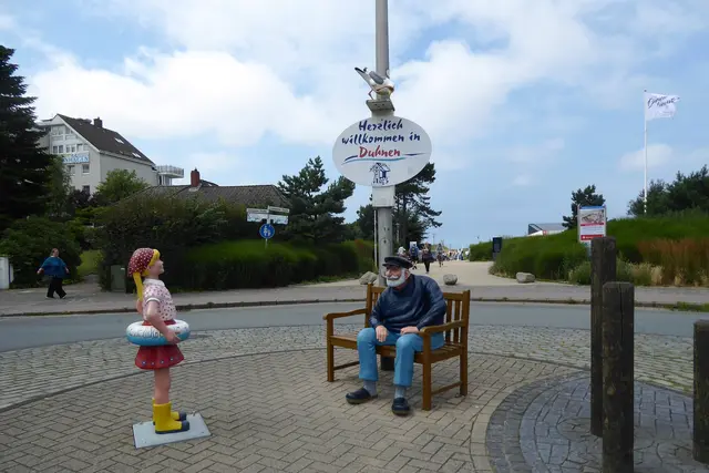 Am Duhner Kreisel: Seit dem 01.08.2003 sind `Kreisel-Käthe´ mit dem Schwimmring, `Kuddel´ auf der Bank und die Möwe `Jonathan´ am Lichtmast  auf der Verkehrsinsel zuhause.