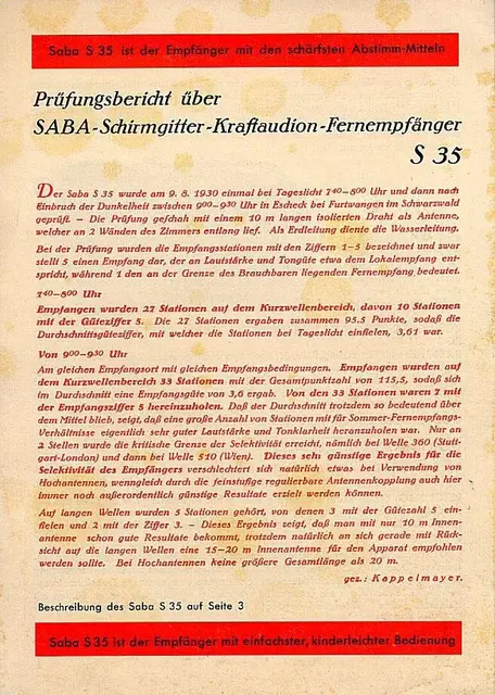 Ein Prüfungsbericht über SABA- Schirmgitter-Kraftaudion-Fernempfänger. 
