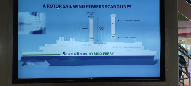Scandlines-Hybridfähre Copenhagen - Infotafel für den Fährgast: Rotorsegel