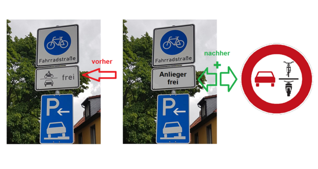 Schild zu 90 % von Autofahrern ignoriert: Die  geänderte Beschilderung "Anlieger frei". - 90 % illegaler Durchgangsverkehr lassen Langenhagen's Schulweg-Fahrradstraße im gefährlichen CHAOS versinken. Schreibt die HAZ.  | Foto: Fotomontage ＡＤＦＣ Langenhagen