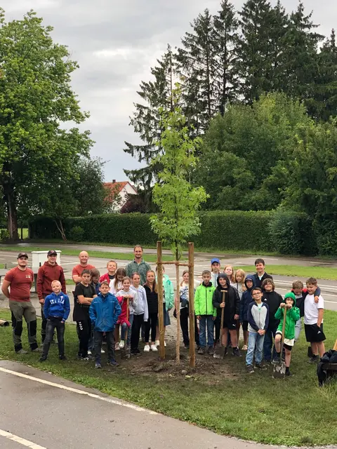 Foto: Mit ihrem Lehrer Lukas Zimmer pflanzte die 4b einen Amberbaum im Schulhof - unterstützt von Mitarbeitern der Firma Garten- und Landschaftsbau Ott in Ellgau. Gemeinderätin Ute Lichti vertrat die politische Gemeinde.