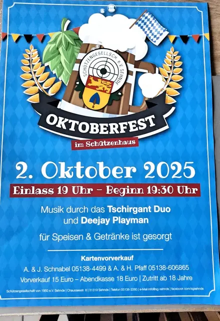Das nächste Fest der SG Sehnde / Schützengesellschaft Sehnde, anlässlich des laufenden Jubiläumsjahres zum 75. Bestehen steht an. Oktoberfest mit original bayerischen Spezialitäten, Kapelle, DJ Kai, Geselligkeit und viel mehr am 2.Oktober 2025. Noch sind (Rest-) Karten im Vorverkauf zu beziehen. | Foto: (c) SG Sehnde