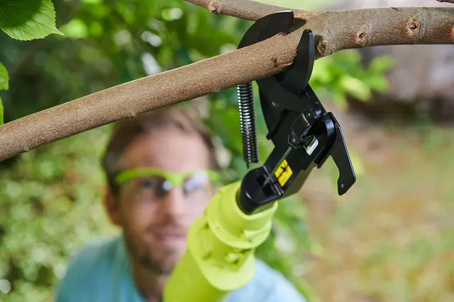 Bei der Akku-Astschere öffnen und schließen die Klingen automatisch auf Tastendruck. Zudem erspart die größere Reichweite unsicheres Balancieren auf der Leiter. | Foto: djd-k/Ryobi