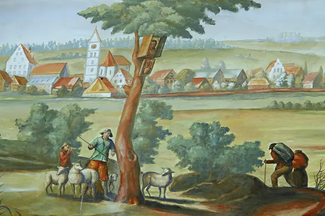 Das Wandgemälde am ehemaligen Brauhaus in Stadtbergen zeigt eine historische Ansicht des Ortsbilds