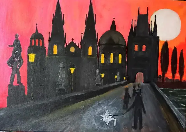 Kafka geht mit Odradek durch Prag