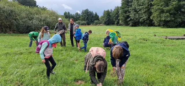 Ranger Stefan Schonath und Bürgermeister Bernhard Uhl (hi.) bei der Erlebniswanderung des Kinderferienprogramms in der Zusamaue. Die Kinder suchen eine Sumpfschrecke. | Foto: Manuela Uhl