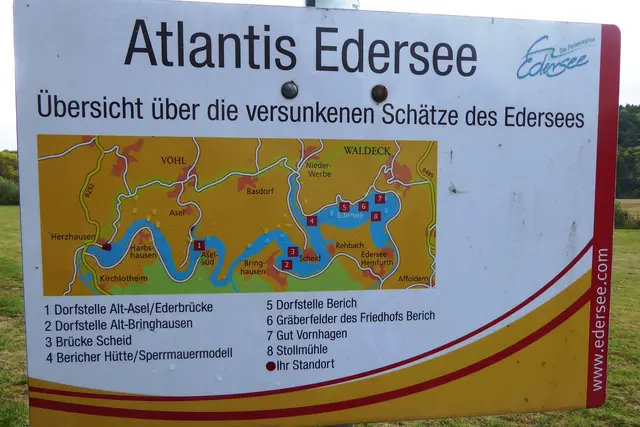 Die Karte vom Edersee zeigt links den Vöhler Ortsteil Herzhausen. Die 1 bezeichnet die Brücke zwischen Asel und Asel-Süd.