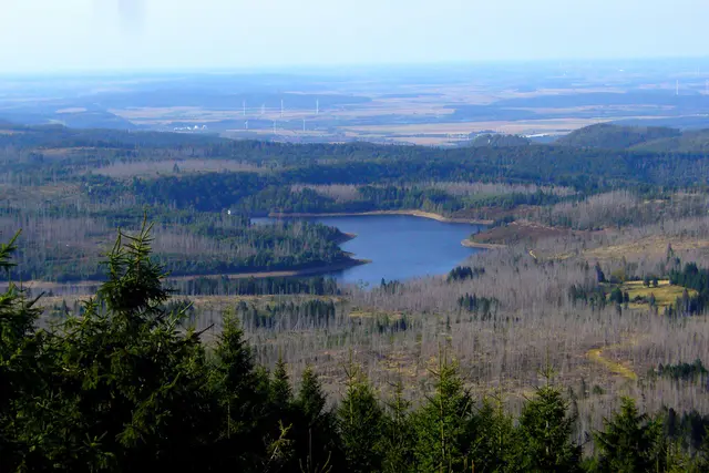 Von der Bismarckklippe hat man einen weiten Ausblick, bis ins flachere Harzvorland hinein. Schon 350 Meter tiefer liegt die Eckertalsperre.