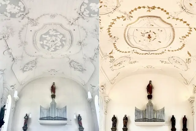 Vorher - nachher: die Wallfahrtskirche St. Afra im Felde zeigt sich nach der Generalsanierung in neuem, altem Glanz.  | Foto: Steffen Brühl