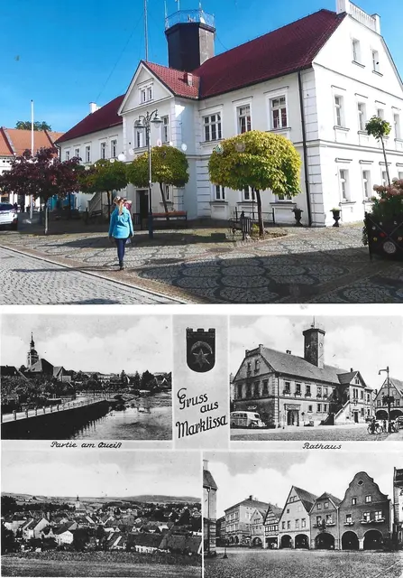 Marklissa früher, um 1933 und heute, Marktplatz mit Rathaus (oben).