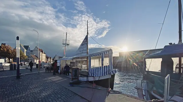 Die Sonne steht tief über der Hafenlandschaft und neigt sich langsam den Gebäuden am westlichen Ufer zu. Foto: Helmut Kuzina