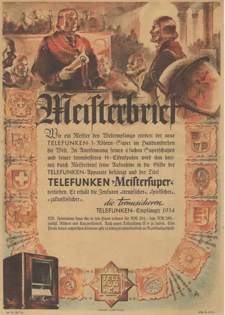 Ein Meisterbrief von Telefunken für das Radiogerät Telefuniken-Meistersuper aus dem Jahre 1934. | Foto: Repro: Otto Killensberger