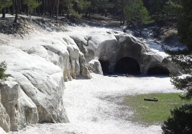 Unterhalb der Felsabstürze der Burgruine befindet sich ein ausgedehntes Waldgebiet, der Heers. In ihm gibt es ein eisenarmes, weißes Sandgestein mit Höhlen. Der Platz davor soll einst als germanische Thingstätte gedient haben.  | Foto: Kurt Wolter