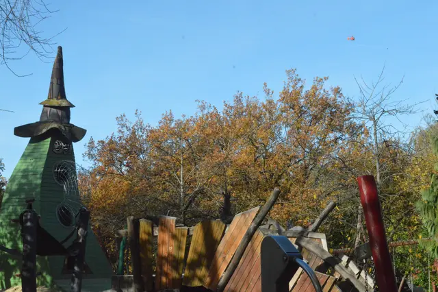Viele Spielplätze für Kinder. Oben rechts ein Rettungshubschrauber.