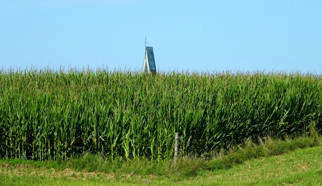 September: 
Versteckt hinter Grün, die Turmspitze der Pfarrkirche von Ottmarshausen