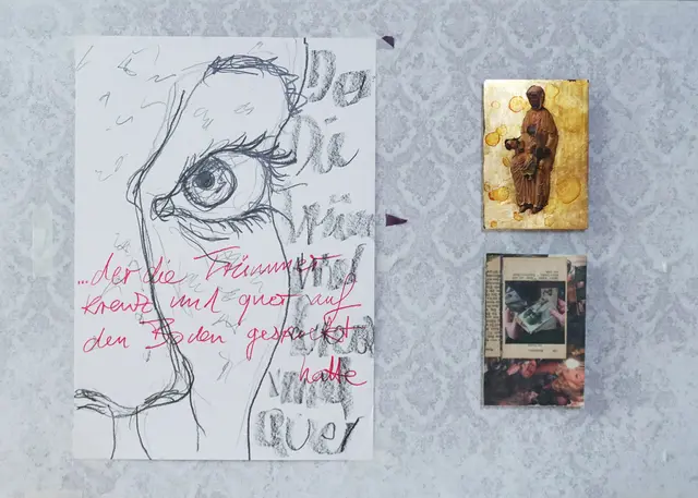 Erika Kassnel-Henneberg, Trümmerspucker, 2021, Mischtechnik, Zeichnung, Collage auf Tapete, 50 x 70 cm | Foto: Erika Kassnel-Henneberg