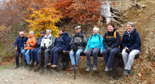 unsere Wandergruppe auf der "Beinschaukelbank" am Kaiserweg