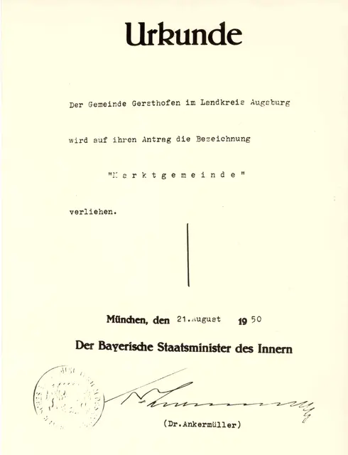Gersthofen wurde 1950 mit dieser Urkunde zur Marktgemeinde erhoben. | Foto: Archiv Stadt Gersthofen