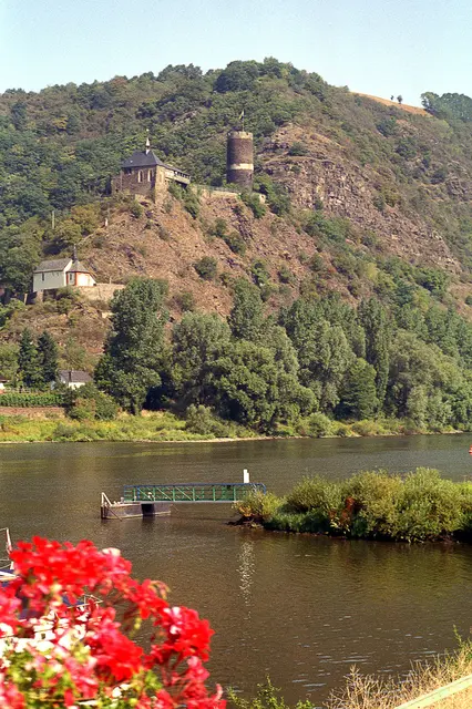Burg Bischofsstein über der Mosel mit dem beringten Bergfried
