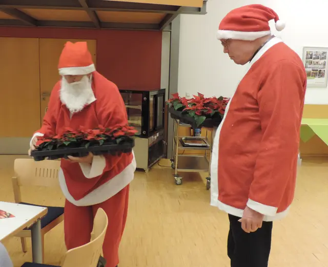 Nikolaus Friedhelm Eisenberg und Helfer Ulrich Petersen verteilen Weihnachtssterne beim AWO Adventskaffeetrinken