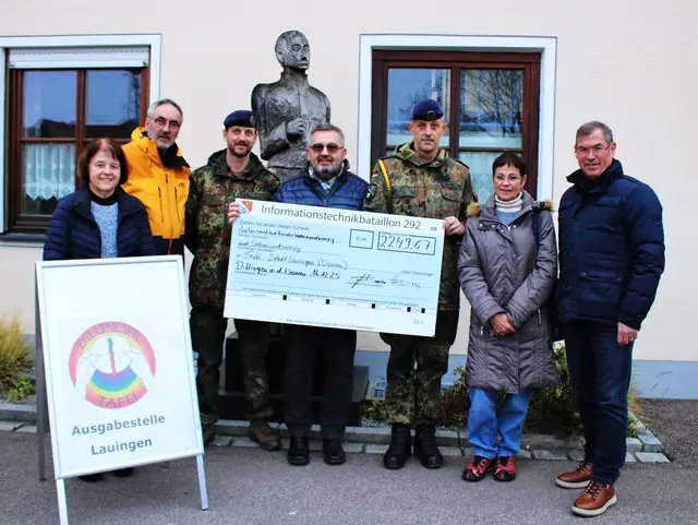 Spendenübergabe (von links): Erika Greese, Dillinger Tafel, Ausgabestelle Lauingen, Joerg Roller, Leitung Dillinger Tafel, Hauptfeldwebel Christopher Kunert, Alois Kleebaur, Leitung Dillinger Tafel, Oberstabsfeldwebel Christian Schmidt, Elly Glatzmaier, Leitung Ausgabestelle Lauingen der Dillinger Tafel und Lauingens Zweiter Bürgermeister Albert Kaiser | Foto: Heike Siebert