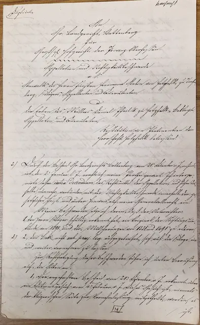 Gerichtsschreiben Hermann Anton von Hatzfeld zu Trachenberg -Kläger
gegen den Müller Daniel Pfeil zu Hatzfeld - Beklagter.