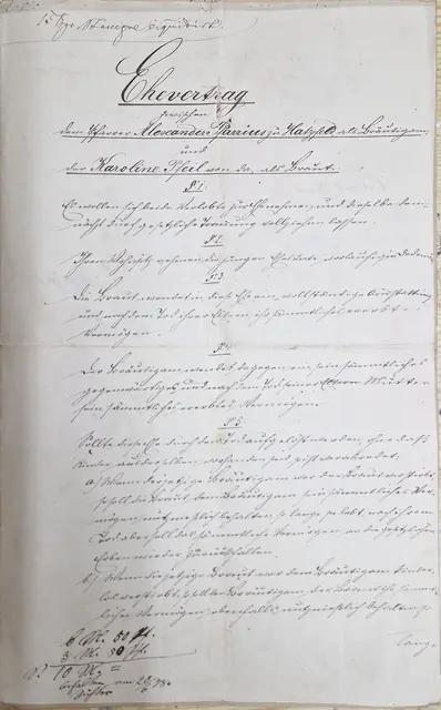  Ehevertrag
zwischen 1
dem Pfarrer Aleceander Pfarrins zu Hatzfeld, als Bräutigam,
und
der Karoline Pfeil von da, als Braut