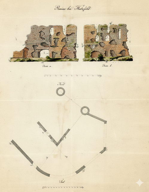 KI colorierte Skizze der Burgmauer 1842
