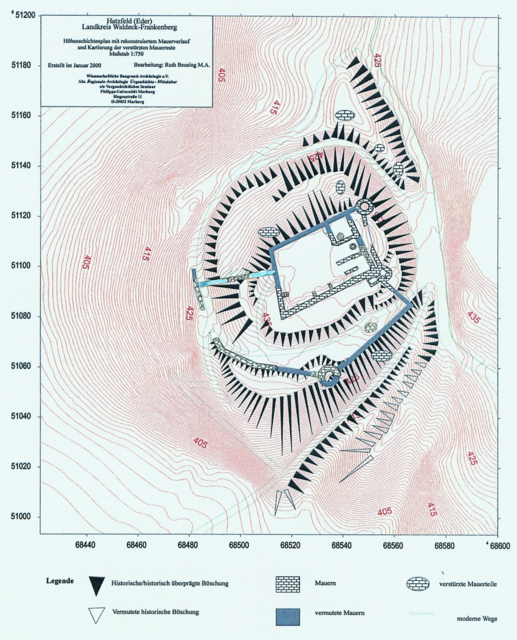 Höhenschichtplan Burgruine Hatzfeld mit rekonstruktion Mauerverlauf im Jahr 2000