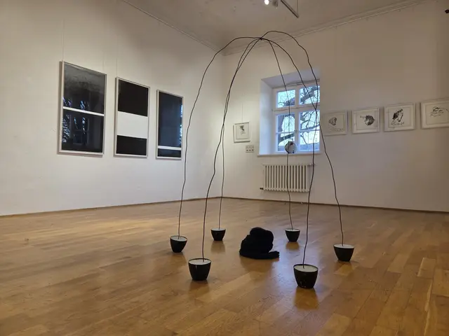 Ausstellungsansicht: Im Vordergrund Nina Zeilhofers Arbeit „Schutzraum“, dahinter links ihre großformatigen Holzdrucke „Fettes Schwarz“, rechts Kohlezeichnungen von Georg Kleber. | Foto: Petra Harenbrock  